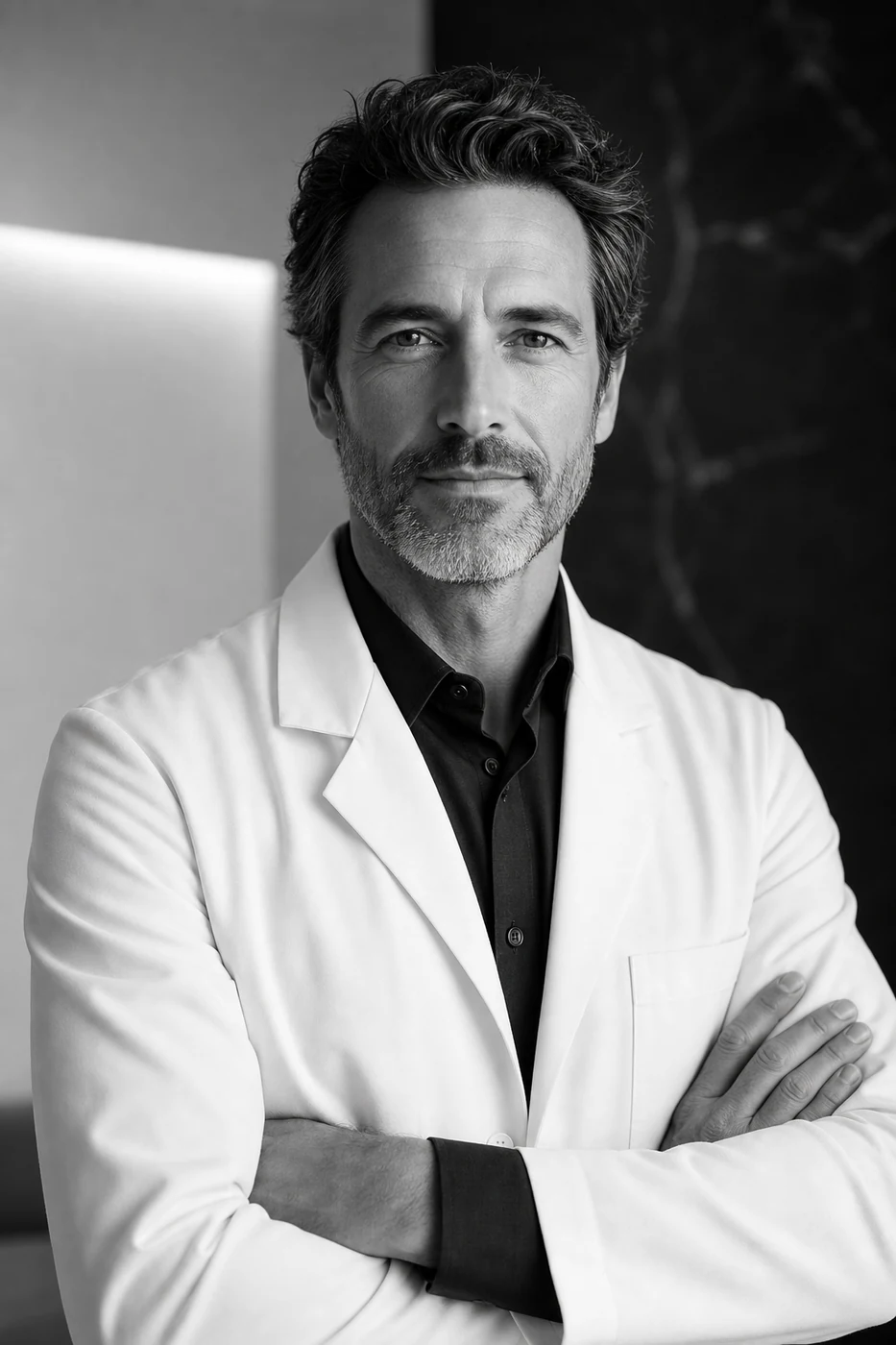 Portrait noir et blanc d'un médecin MC GlobeCare