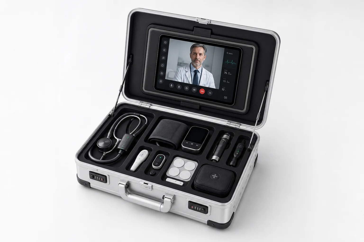 Valise médicale MC GlobeCare ouverte avec tablette intégrée et dispositifs de diagnostic organisés