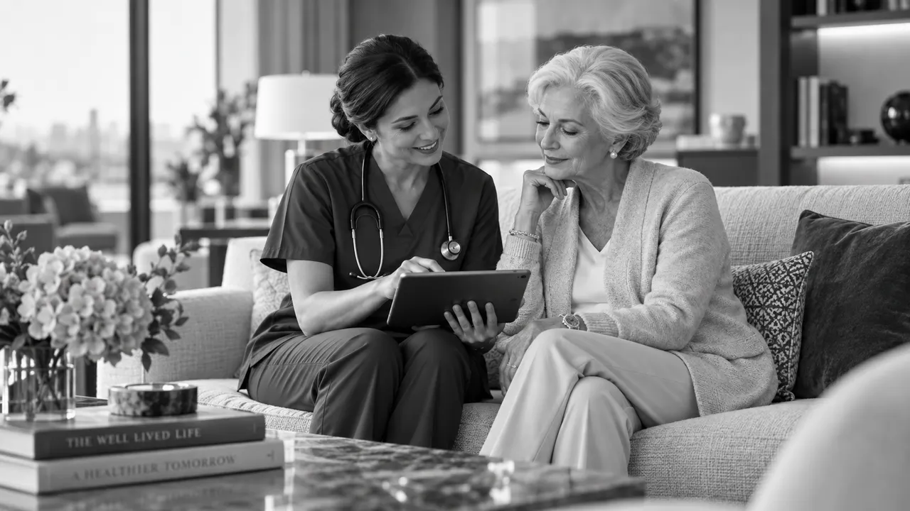 Une professionnelle de santé et une femme échangent autour d’une tablette.